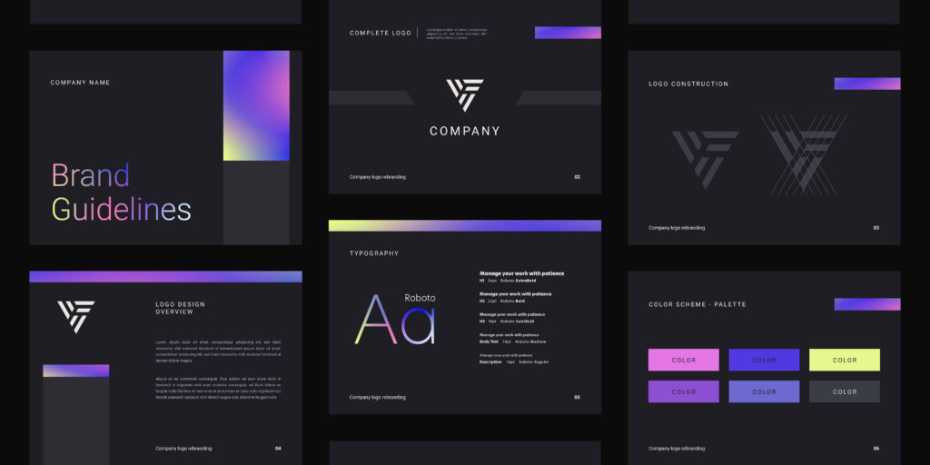 Guía visual de marca con logotipo, paleta cromática y tipografía corporativa