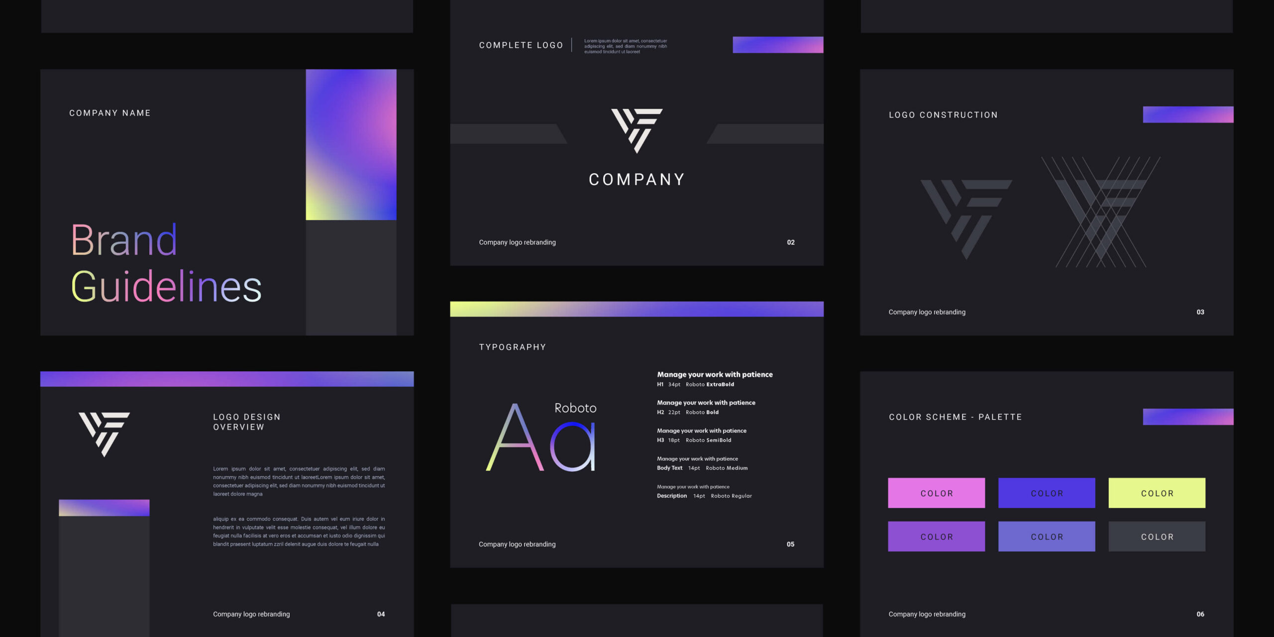 Guía visual de marca con logotipo, paleta cromática y tipografía corporativa